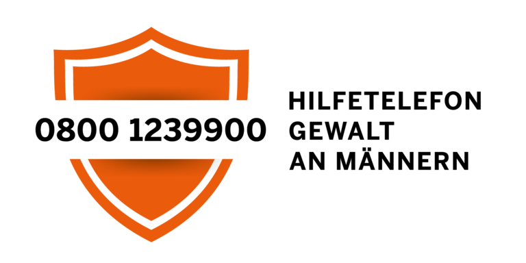 Logo Hilfetelefon, Gewalt an Maennern, links oranges Wappen, in der Mitte Telefonnummer in schwarzer Schrift