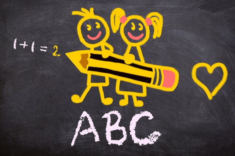Tafel mit zwei Kindern mit einem Bleistift, darunter steht in Großbuchstaben ABC