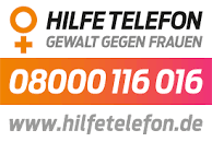 Logo Hilfetelefon, Gewalt gegen Frauen, Tel. 08000116016 in weißer Schrift in orange-rotem Balken, www.hilfetelefon.de, links daneben das Zeichen für Frauen in orange, Rest in grau