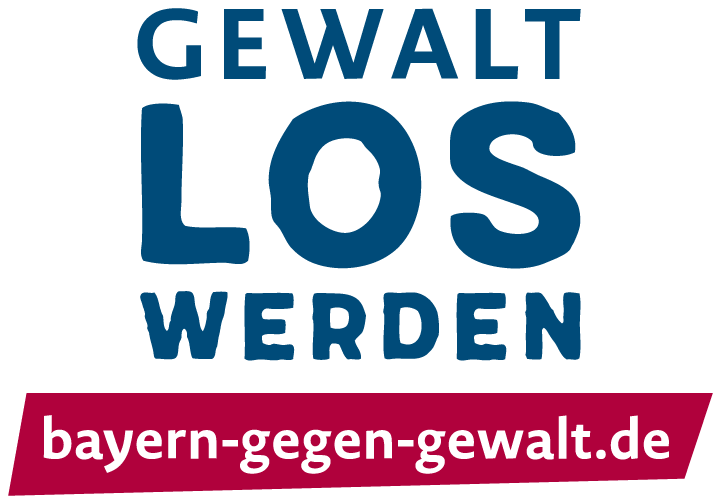 Logo Gewalt los werden, blaue Schrift, bayern-gegen-gewalt.de, weiße Schrift auf rotem Balken